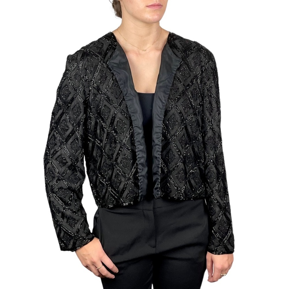 OLEG CASSINI VINTAGE SILK EMBROIDERED BEAD BLACK DIAMOND HOLIDAY EVENING JACKET